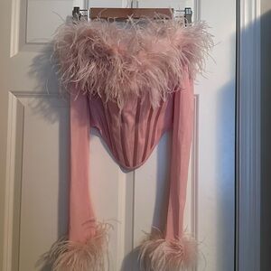 NWT Miss Circle Pink Feather Trim Corset Top XS | MSRP $149